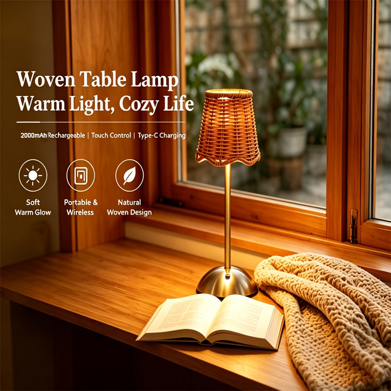 Desk Setup Light - Böhmische Geflochtene Rattan-Kunst-Tischlampe, 3-stufig dimmbar, Touch-Steuerung,