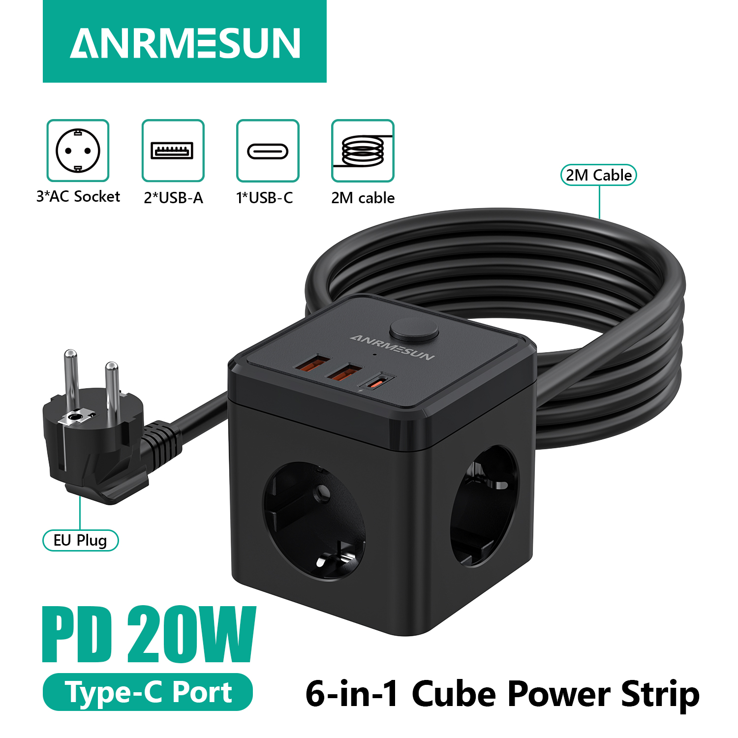 Power Strip Flat - 6-in-1 Steckdosenleiste mit 2M Verlängerungskabel, 3