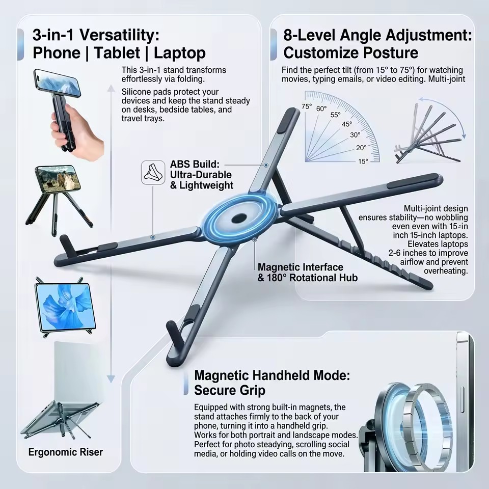 Desk Setup For Laptop - Tragbarer Magnetischer Handyhalter & Selfie-Stick 3-in-1