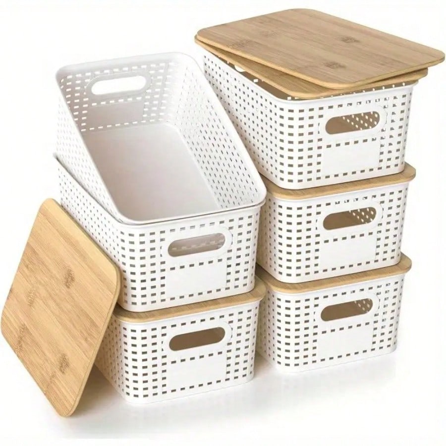 Drawer Organizer Bamboo - 6er-Pack Stapelbare Aufbewahrungsboxen mit Bambusdeckeln, Kunststoff-Organizer-Behälter