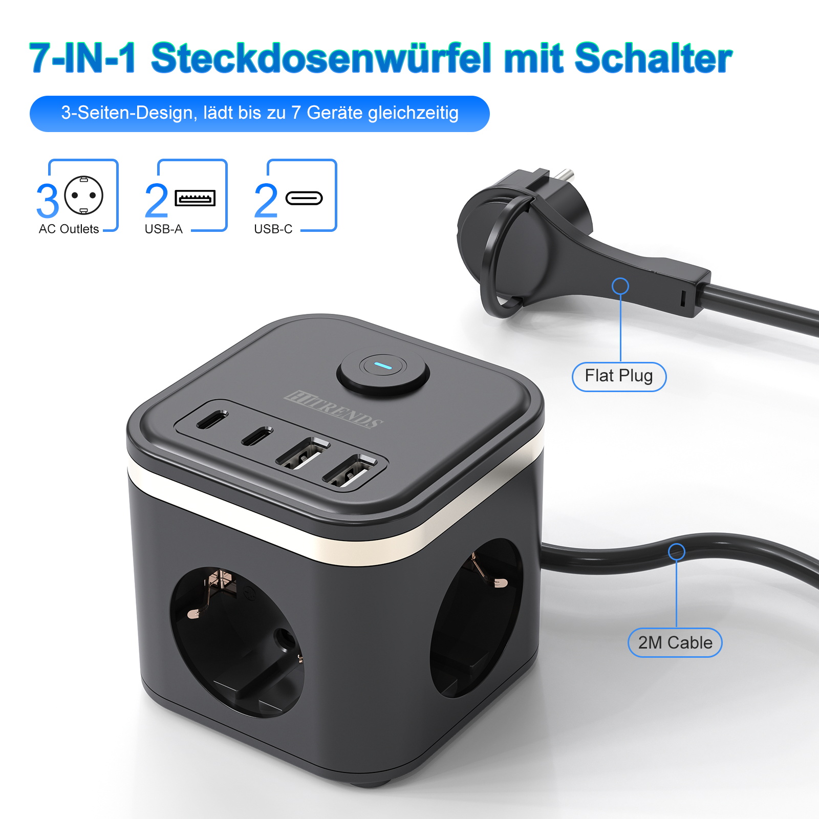Power Strip Flat - 3680 W EU-Steckdosenleiste mit flachem Stecker